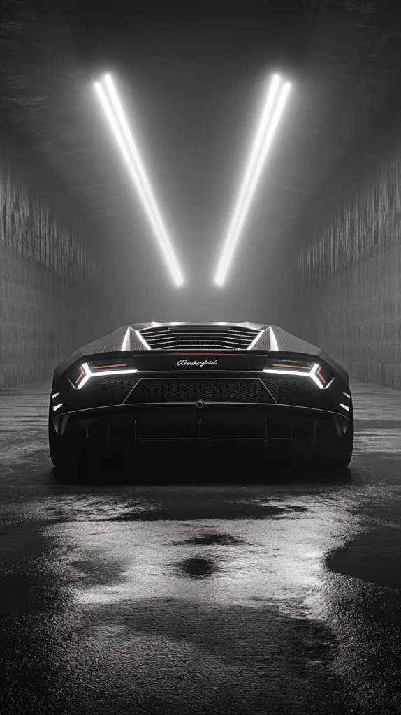 A rear view of a black Lamborghini Aventador parked in a dark, industrial-looking garage.  Two bright, V-shaped beams of light illuminate the car, highlighting its sleek design and reflecting on the wet floor. The overall mood is dramatic and moody, emphasizing the car's luxury and power.