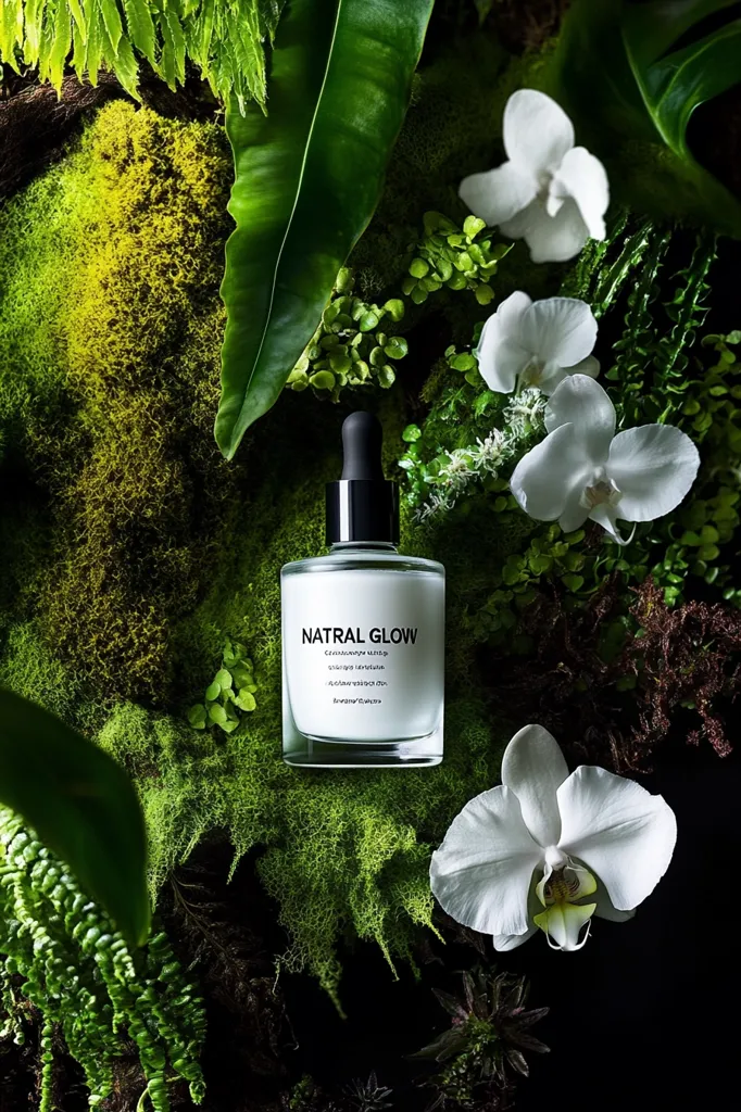 A bottle of Natral Glow serum sits nestled amongst lush green moss, ferns, and delicate white orchids.  The minimalist bottle design contrasts beautifully with the vibrant natural surroundings. The image evokes a sense of natural beauty and the product's purported connection to nature.  The lighting is dramatic, highlighting the product and the texture of the plants.