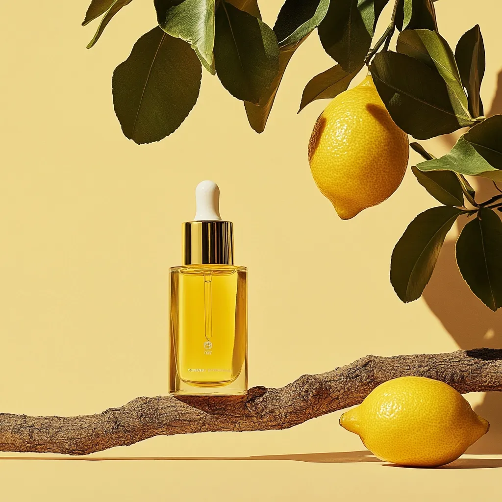 A bottle of golden facial oil with a dropper sits on a weathered branch, nestled amongst ripe lemons and their vibrant green leaves. The scene is set against a soft yellow backdrop, creating a bright and natural aesthetic. The image evokes a sense of freshness and natural beauty, suggesting the oil's citrus-infused properties.  The overall composition is clean, minimalist, and emphasizes the product's connection to nature.
