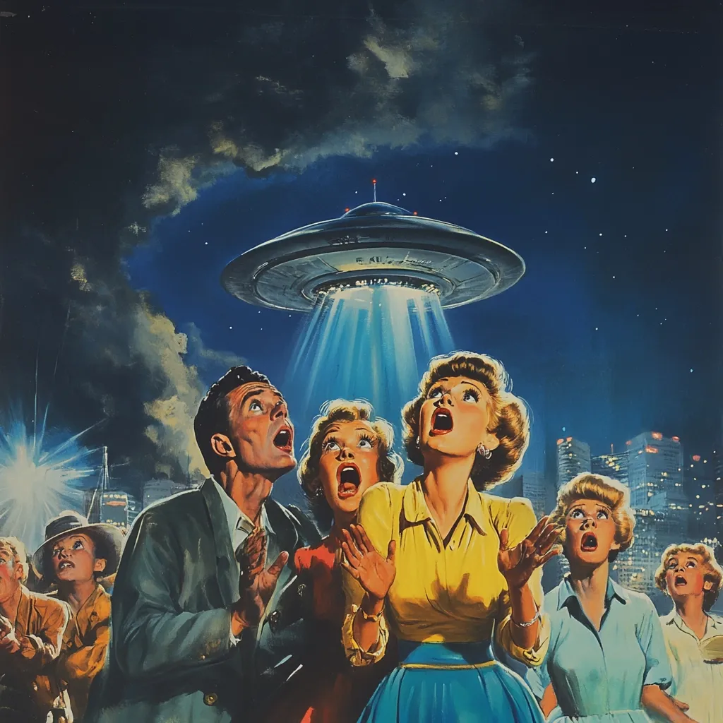 A vintage illustration depicts a flying saucer hovering over a city at night, illuminating a group of awestruck people.  Their expressions range from shock and fear to wide-eyed wonder. The scene is evocative of classic science fiction artwork, emphasizing the mystery and awe surrounding extraterrestrial encounters.  The city skyline adds a sense of scale and emphasizes the alien craft's imposing presence.