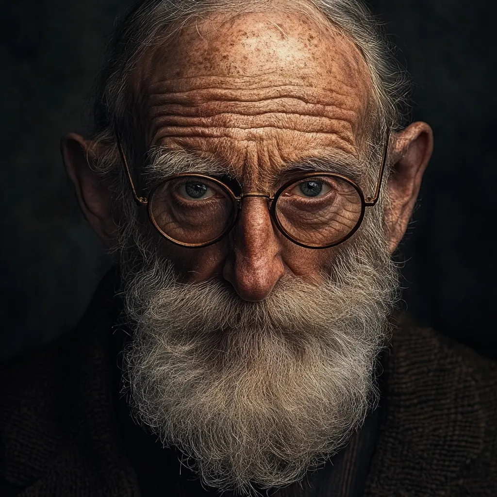 A close-up portrait of an elderly man with a long, white beard and round glasses. His face shows deep wrinkles and age spots, conveying a sense of wisdom and lived experience. His gaze is direct and intense, engaging the viewer with a powerful intensity. The dark background enhances the contrast, drawing attention to the details of his weathered face and expressive eyes. The image is a study in texture, capturing the roughness of his skin and the softness of his beard.