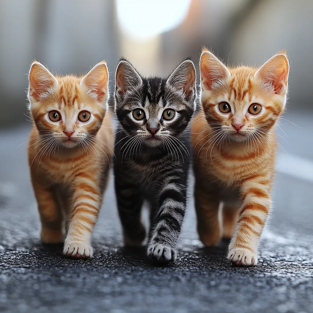 Three adorable kittens walk in a row towards the camera.  Two are ginger tabby kittens, one on each side, with a dark gray tabby kitten in the middle.  Their expressions are curious and alert. The kittens are walking on a dark, textured surface, likely asphalt.  The background is blurred, indicating a shallow depth of field focusing on the felines.
