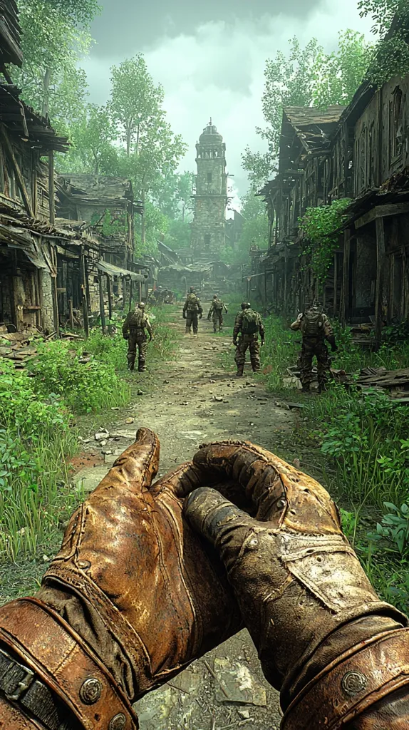 A first-person perspective reveals weathered leather gloves gripping an unseen object.  The foreground contrasts with a background showing a group of soldiers walking down a ruined street overgrown with vegetation.  A crumbling stone tower stands in the distance amidst dilapidated buildings, creating a post-apocalyptic atmosphere. The scene evokes a sense of isolation and desolation.