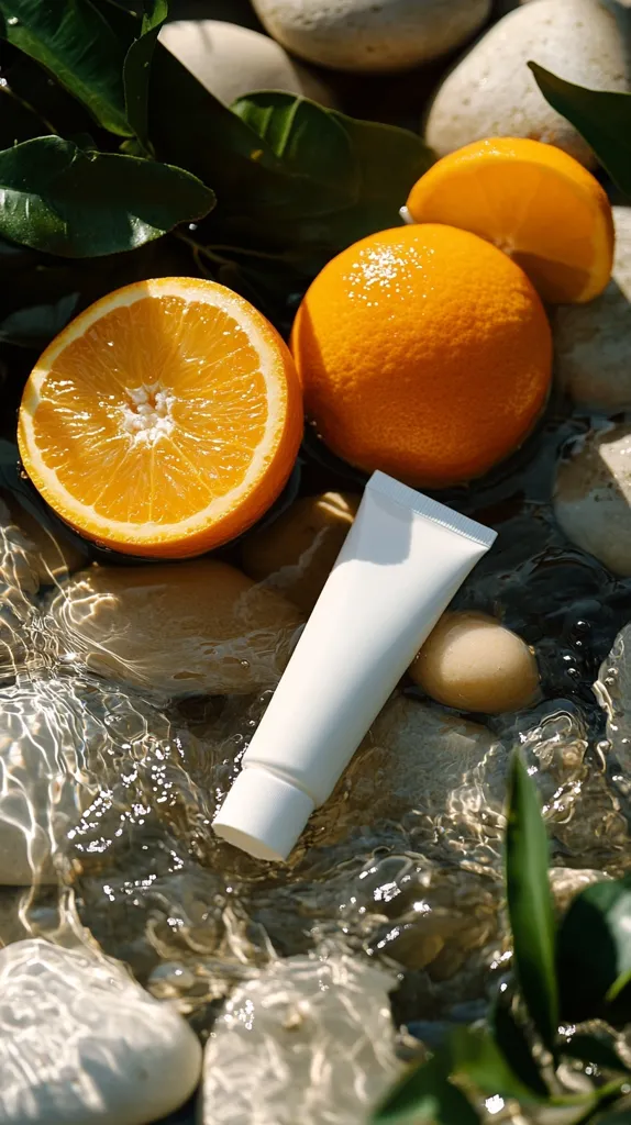 A white tube of skincare cream rests in clear water among smooth stones and vibrant orange slices. Lush green leaves frame the scene, suggesting a natural, refreshing product.  The oranges and water create a spa-like atmosphere, highlighting the product's potential for revitalization and natural ingredients. Sunlight glints off the water's surface.