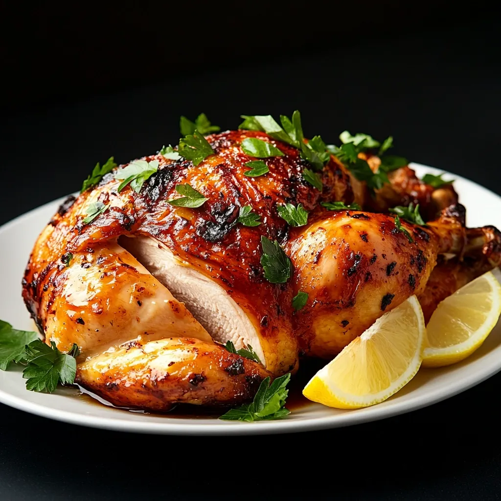 A roasted chicken, glistening with a rich brown glaze, is presented on a white plate.  A portion is carved, revealing succulent white meat.  Fresh parsley sprigs garnish the chicken, alongside lemon wedges. The dark background accentuates the appetizing colors and textures of the dish.