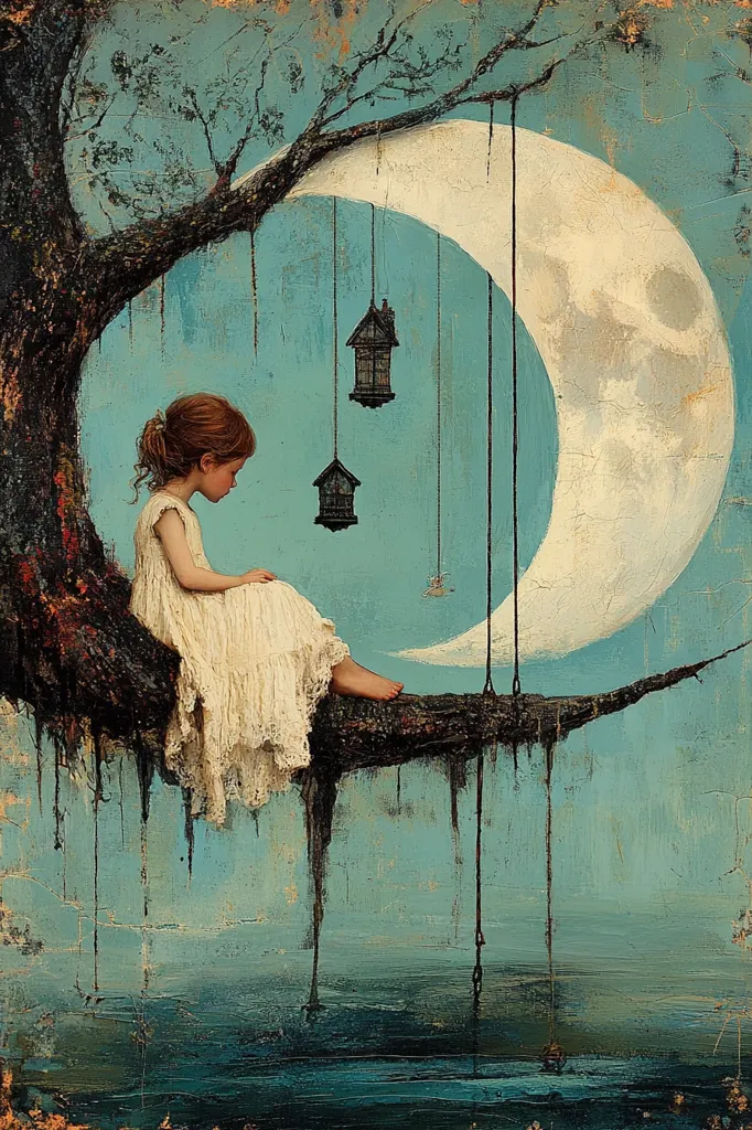 A young girl in a white dress sits on a tree branch extending from a crescent moon.  Tiny houses hang from the moon like ornaments.  The scene is dreamlike and ethereal, painted in muted blues and greens, with a textured, painterly style. The overall mood is melancholic yet peaceful. The girl's posture suggests contemplation or quiet sadness.