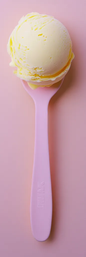 A pale pink spoon holds a generous scoop of creamy, pale yellow ice cream. The ice cream appears soft and slightly textured, suggesting a smooth, melt-in-your-mouth consistency. The pastel pink background provides a soft, visually appealing contrast to the ice cream and spoon. The overall image is clean, minimalist, and evokes a feeling of sweetness and summer.