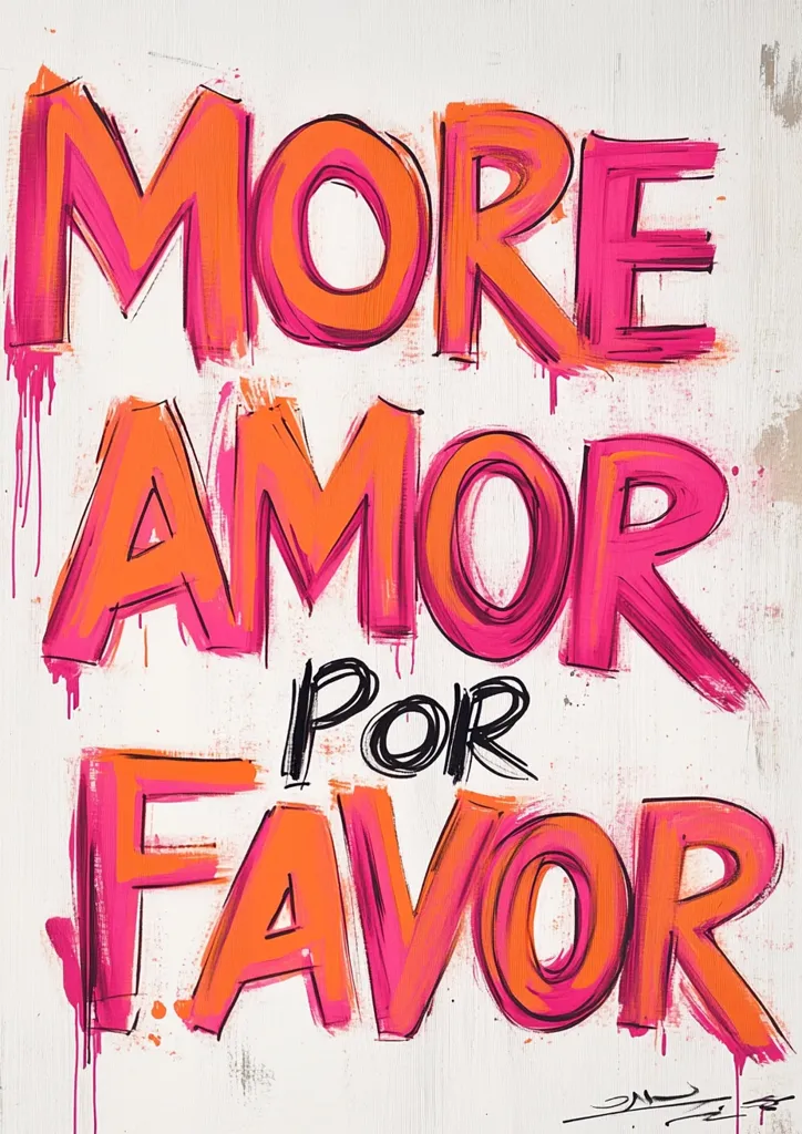 The image showcases a vibrant piece of artwork featuring the phrase "More Amor Por Favor" painted in bold, stylized lettering.  The words are rendered in shades of bright pink and orange, with a slightly textured, graffiti-like appearance. The background is a stark white, allowing the colorful text to stand out prominently. The overall effect is energetic and expressive.