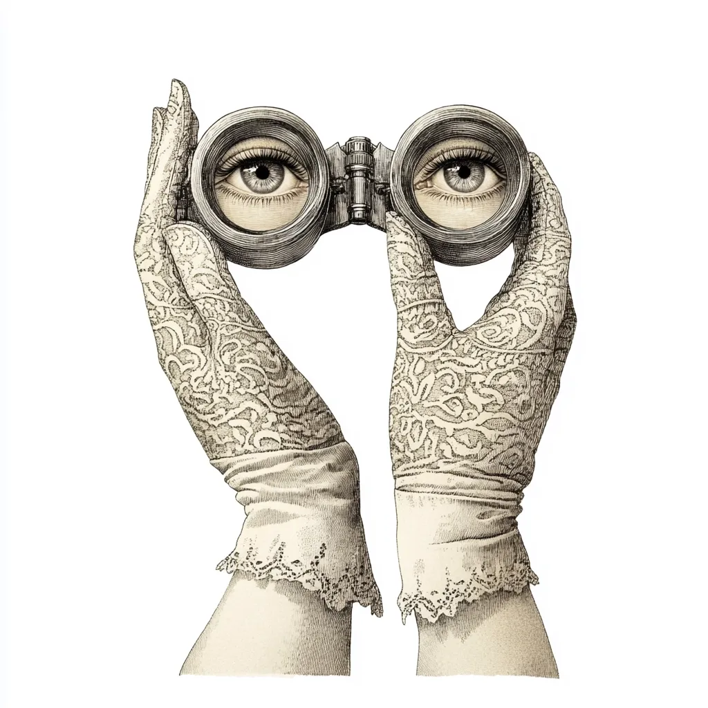 A pair of elegant hands, adorned with intricate lace gloves, delicately holds a pair of binoculars.  The binoculars are uniquely designed, with each lens featuring a realistic eye, creating a surreal and intriguing visual effect. The monochrome drawing style enhances the antique aesthetic, suggesting a sense of mystery and observation.