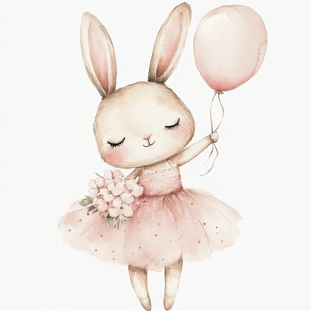A watercolor illustration of an adorable bunny ballerina.  The bunny, with long ears and closed eyes, wears a delicate pink tutu and holds a bouquet of pink flowers.  A light pink balloon is attached to its paw, adding to its whimsical charm. The style is soft and gentle, perfect for children's décor or nursery art.
