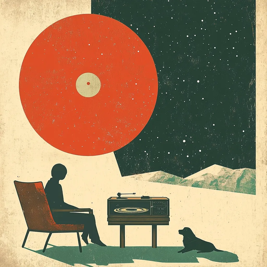 A stylized illustration depicts a person seated in a chair, listening to a record player under a vast, star-filled night sky.  An oversized, orange record dominates the upper left, contrasting with the dark space.  A small dog sits attentively nearby. The overall aesthetic is mid-century modern with a vintage, textured feel. The scene evokes a sense of calm contemplation and solitude.