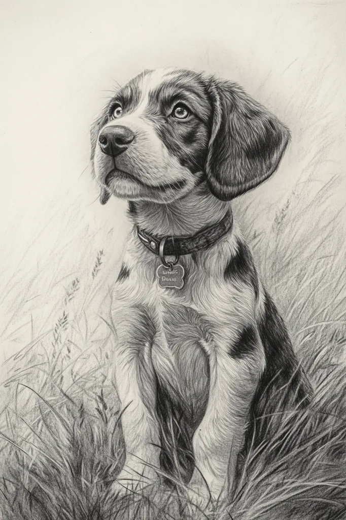 A detailed pencil sketch depicts a beagle puppy, sitting attentively in tall grass.  Its coat is meticulously rendered, showcasing its black and white markings. The puppy wears a leather collar with a personalized tag. Its eyes gaze upward, conveying a sense of innocence and curiosity. The artist skillfully uses shading to create depth and texture, making the fur appear lifelike. The overall impression is one of charm and realism.