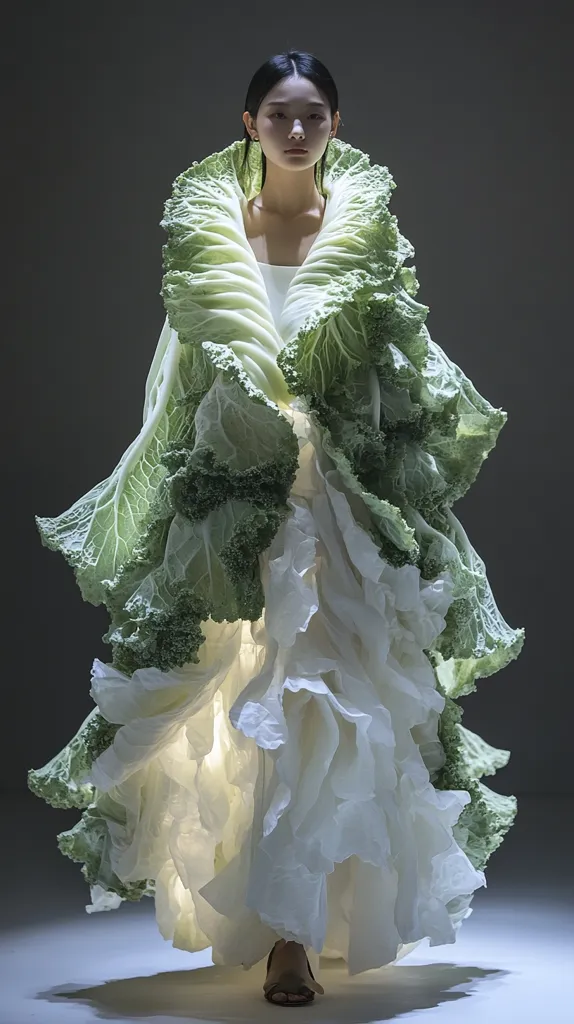A model showcases a unique haute couture gown. The dress features a flowing, white, ruffled skirt layered beneath a dramatic, sculpted cape crafted from vibrant green cabbage leaves. The contrast between the delicate fabric and the robust vegetables creates a striking visual effect, highlighting the innovative and unexpected use of natural elements in high fashion. The model's dark hair and simple makeup complement the garment's bold design.
