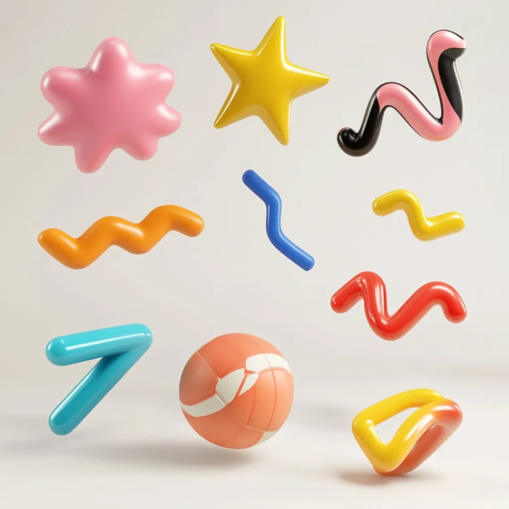 A collection of colorful, 3D-rendered shapes floats against a light beige background.  The shapes include a star, a flower, various wavy lines in different colors, and a volleyball. The style is playful and reminiscent of 90s design aesthetics, with bold colors and simple forms.  The objects appear glossy and smooth.