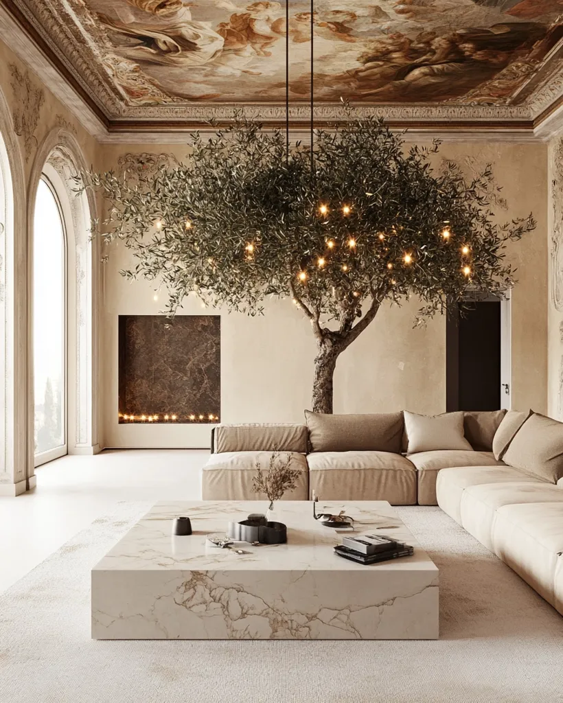 A spacious living room boasts a large, marble-topped coffee table, centered beneath a unique lighting fixture: an olive tree adorned with warm, glowing lights.  Beige, modular sofas create a relaxed seating arrangement, complementing the room's neutral palette.  A painted ceiling with classical artwork adds a touch of grandeur to the elegantly designed space.  Large windows provide ample natural light.