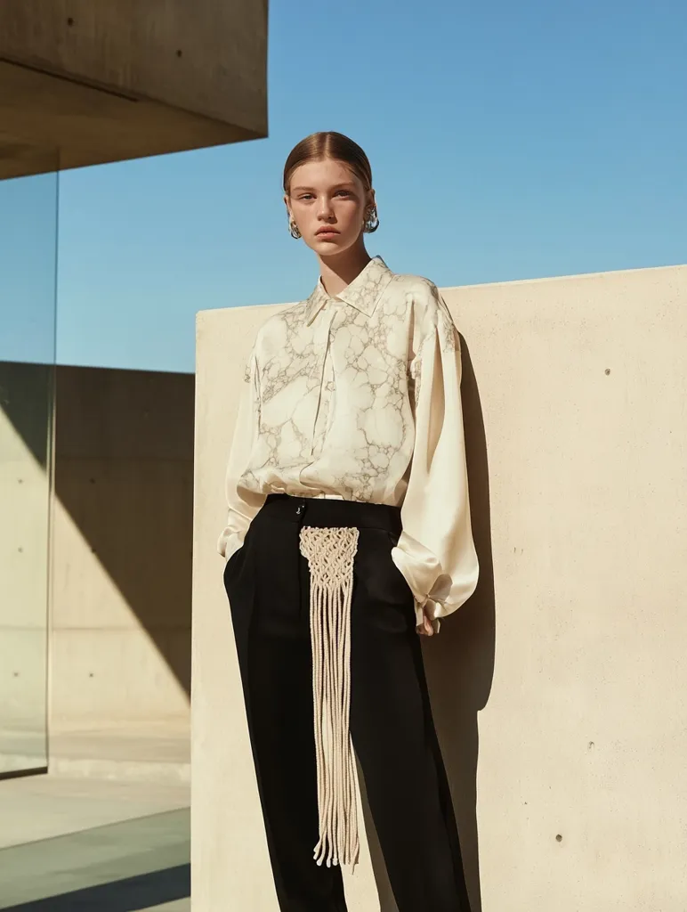 A fashion model poses against a minimalist beige concrete backdrop. She wears a loose, cream marble-print blouse with long sleeves, paired with sleek black trousers. A unique, long, beige macrame belt adds a textural contrast to the outfit. The overall aesthetic is modern and understated, showcasing clean lines and neutral colors.  Her hair is pulled back, and she wears simple earrings.
