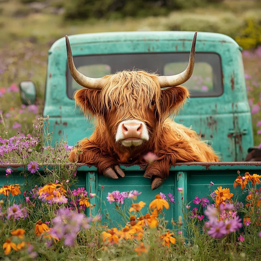 A Highland cow with long, reddish-brown fur rests its front legs on the teal-colored side of a vintage truck bed.  Vibrant purple and orange wildflowers surround the truck, creating a picturesque rural scene. The cow gazes directly at the camera, its expression serene and captivating. The overall image evokes a sense of peaceful country life.