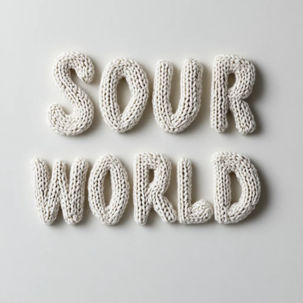 The words "Sour World" are spelled out using hand-knitted, off-white letters.  Each letter is individually crafted from yarn, creating a textured and visually appealing effect against a plain white background. The image is simple yet striking, highlighting the craftsmanship of the knitted letters.