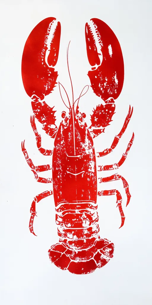 A vibrant red lobster is depicted in a stylized print.  The bold, textured image showcases the crustacean's details with a distressed, almost hand-printed effect. The lobster is centrally positioned against a stark white background, creating a striking contrast and emphasizing its form. The claws are prominently displayed, adding to the overall powerful visual impact.