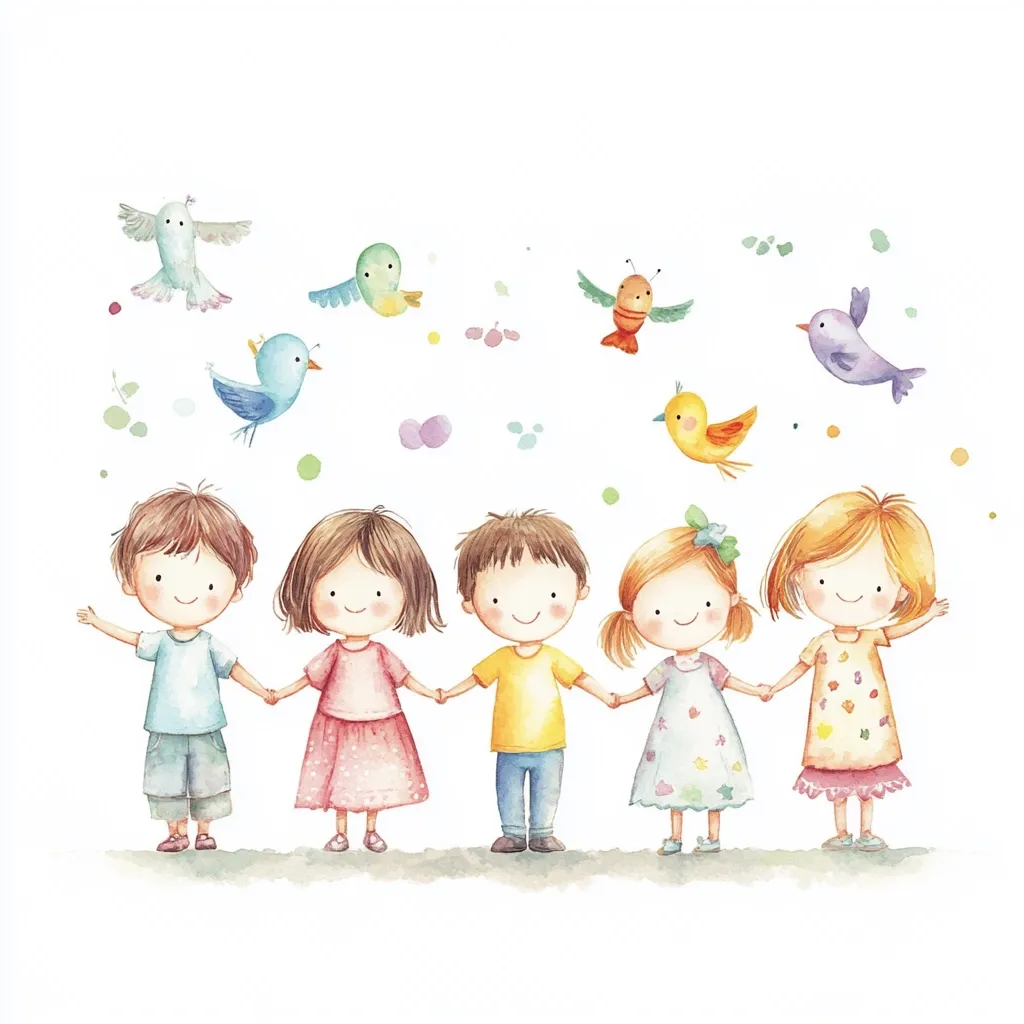 A watercolor illustration depicts four children holding hands, standing in a row against a white background.  Surrounding them are colorful birds in flight and scattered dots and leaves, creating a cheerful, playful atmosphere. The children are simply dressed in pastel-colored outfits, and their expressions are joyful and friendly. The overall style is cute and whimsical.
