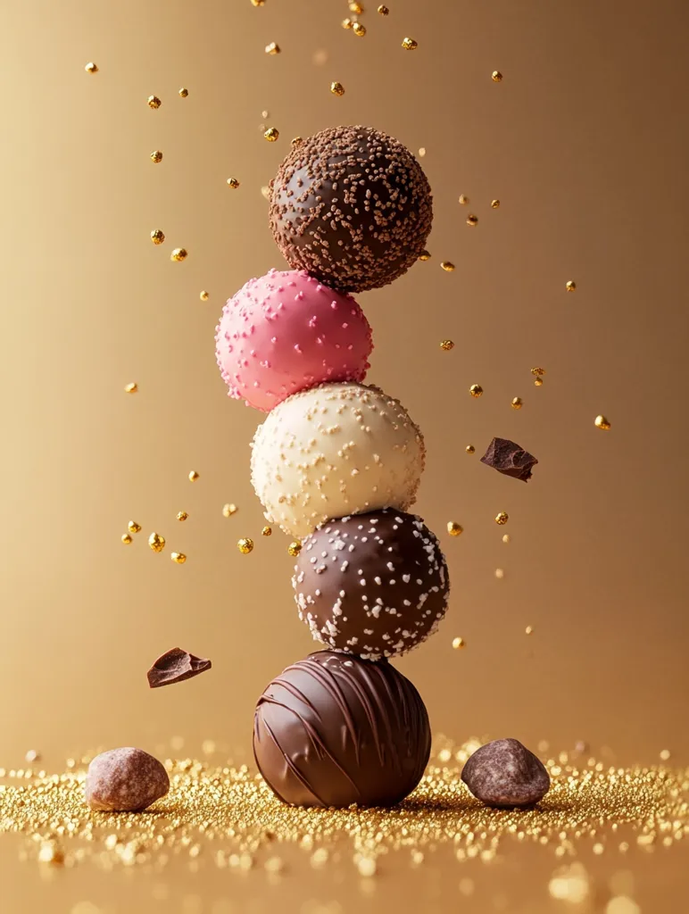 Five gourmet chocolate truffles are stacked precariously against a shimmering gold backdrop.  The truffles are various shades of chocolate and pink, decorated with sprinkles and specks of gold. Small pieces of chocolate and gold sprinkles float in the air around the delectable tower. The image evokes luxury and indulgence.