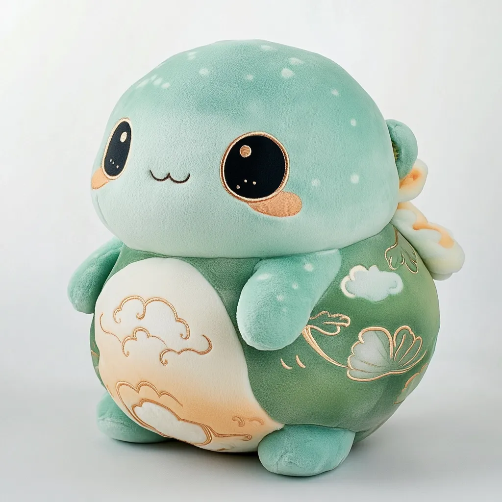 This adorable plush toy is a charming blend of pastel green and cream.  Its round body features embroidered cloud and leaf designs, adding a touch of whimsical artistry.  Large, expressive eyes and a sweet smile complete its endearing face. The soft, high-quality plush material makes it perfect for cuddling. This unique creature is a delightful addition to any plush collection.