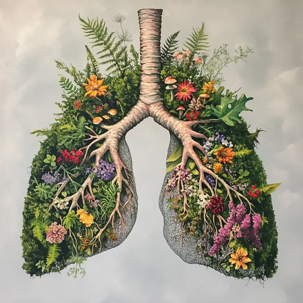 A vibrant artwork depicts a pair of lungs transformed into flourishing gardens.  Intricate, branching structures resemble bronchioles, interwoven with a multitude of flowers, ferns, and mushrooms.  The image uses a soft, muted background to highlight the rich colors and textures of the botanical elements, creating a striking visual metaphor for the interconnectedness of nature and human health.