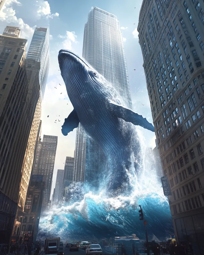 A colossal whale breaches the surface of a churning ocean wave, dwarfing the skyscrapers of a city.  The wave crashes around the whale's body, reaching towards the towering buildings.  Cars and pedestrians are dwarfed by the scene, creating a surreal juxtaposition of nature and urban architecture. The sky is bright, adding to the dramatic impact of the image.