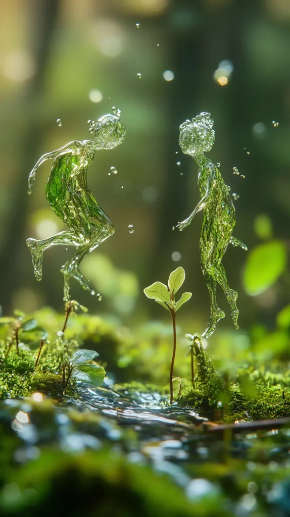 Two ethereal figures, formed from water droplets, leap playfully amidst a lush, verdant forest.  They appear weightless, their forms shimmering with translucent green.  Tiny plants sprout from the mossy ground, adding to the magical, dreamlike atmosphere of the scene.  Water droplets scatter in the air, enhancing the sense of movement and whimsy.