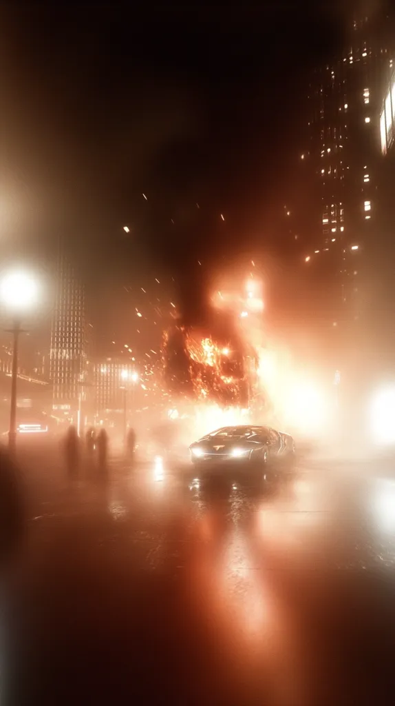 A futuristic car drives through a foggy city street at night. A large fiery explosion engulfs the background, casting an orange glow on the wet pavement and surrounding buildings. The scene is dimly lit, with streetlights barely piercing the dense fog.  The overall atmosphere is intense and dramatic, hinting at a post-apocalyptic or action-filled narrative.