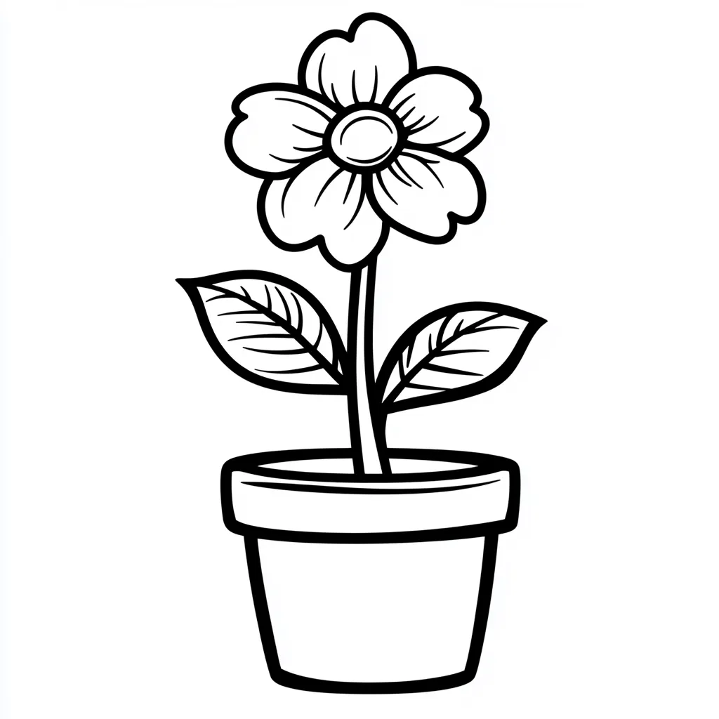A simple line drawing of a potted flower.  The flower has five petals and a central circle.  Two leaves flank the stem, which extends into a plain, round pot. The style is reminiscent of a child's coloring page.  The image is black and white, with bold outlines.