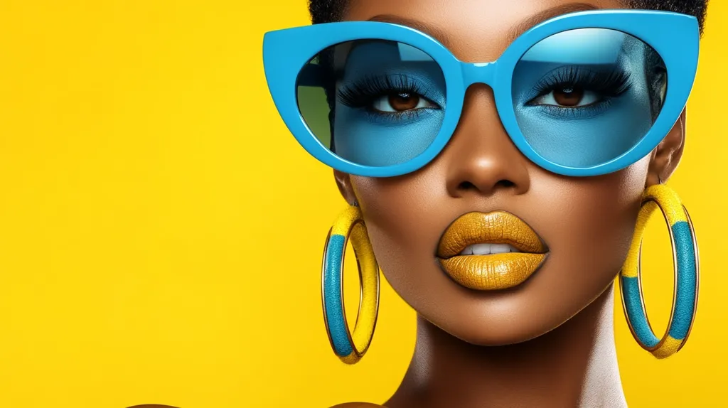 Close-up of a woman with dark skin, wearing large blue cat-eye sunglasses and matching yellow and blue hoop earrings.  Her lips are painted a bold gold color. The background is a vibrant yellow.  The overall image is striking and showcases a bold, fashionable look.
