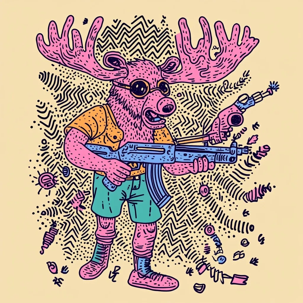 A cartoon moose, sporting pink fur, aviator sunglasses, and teal shorts, wields a large assault rifle.  The illustration is vibrant and features a psychedelic background of swirling lines and dots.  The moose's expression is playful yet menacing, creating a humorous juxtaposition of cuteness and weaponry.  Smaller weapons appear to be firing from the main rifle.  The style is reminiscent of graffiti art or psychedelic cartoons.