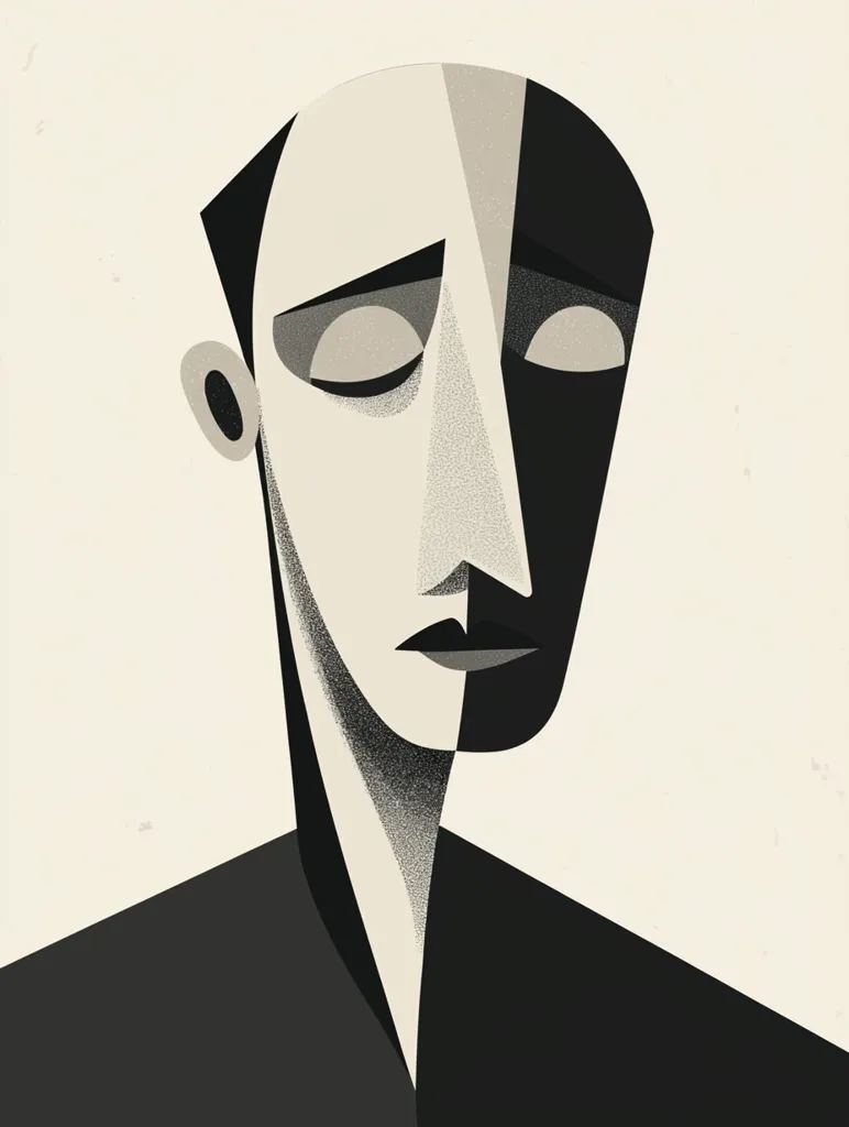 A stylized portrait in monochrome depicts a person's face bisected, half light, half dark.  The geometric features and textured shading evoke a sense of duality or internal conflict. The individual's expression is somber, eyes closed, hinting at introspection or sadness. The overall style is reminiscent of Cubism or Art Deco.