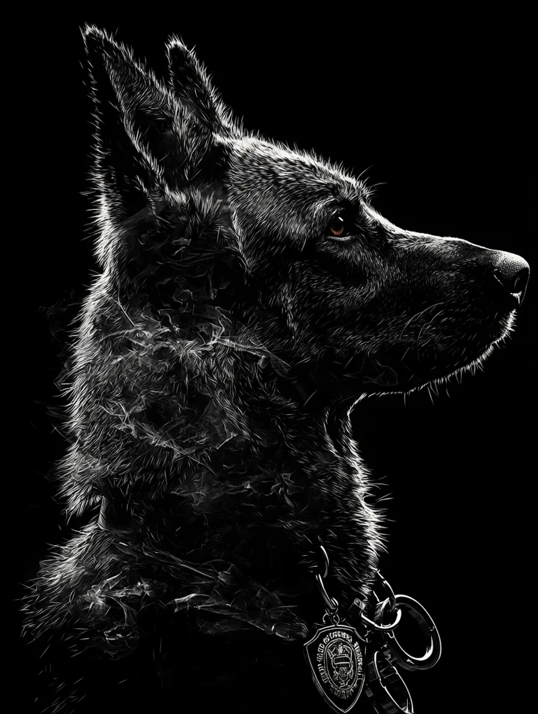 A striking monochrome portrait captures a German Shepherd in profile, its gaze directed towards the right. The dog's fur is depicted with a textured, almost smoky effect, creating a dramatic contrast against the black background.  A police dog tag hangs from its collar, subtly indicating its role. The image is evocative and powerful, highlighting the animal's loyalty and strength.