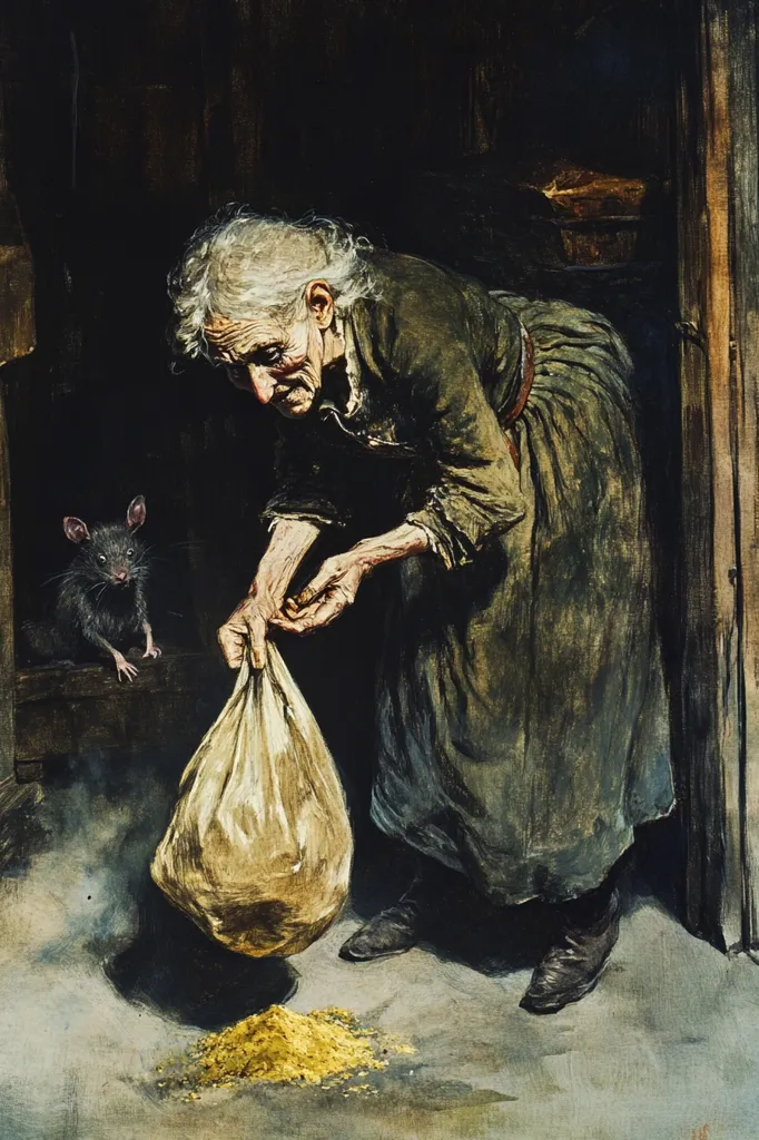 A painting depicts an elderly woman, stooped and weathered, in a dimly lit interior. She's carefully pouring a yellowish substance from a burlap sack onto the floor, a rat observing from nearby. The woman's attire is dark and simple, suggesting poverty. The overall mood is somber, hinting at themes of hardship and survival. The dark background and muted colors create a sense of mystery and isolation.