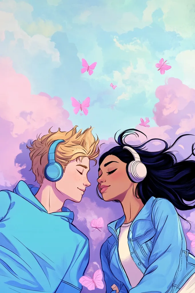 A dreamy illustration depicts a young couple, a blonde boy and a dark-haired girl, wearing headphones and embracing in a pastel sky filled with pink butterflies.  They are dressed in matching light blue hoodies and jackets, their eyes closed in peaceful contentment. The soft colors and floating figures create a romantic and whimsical atmosphere.