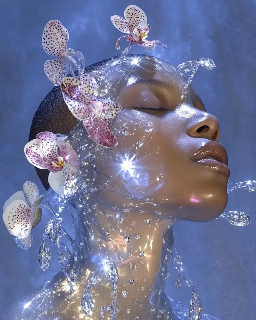 A close-up shot showcases a person's face adorned with delicate orchids and encased in a translucent, shimmering material resembling water or liquid.  The model's eyes are closed, conveying serenity.  The overall effect is ethereal and dreamlike, with a cool blue backdrop enhancing the magical atmosphere.  Crystalline elements add to the fantasy aesthetic.