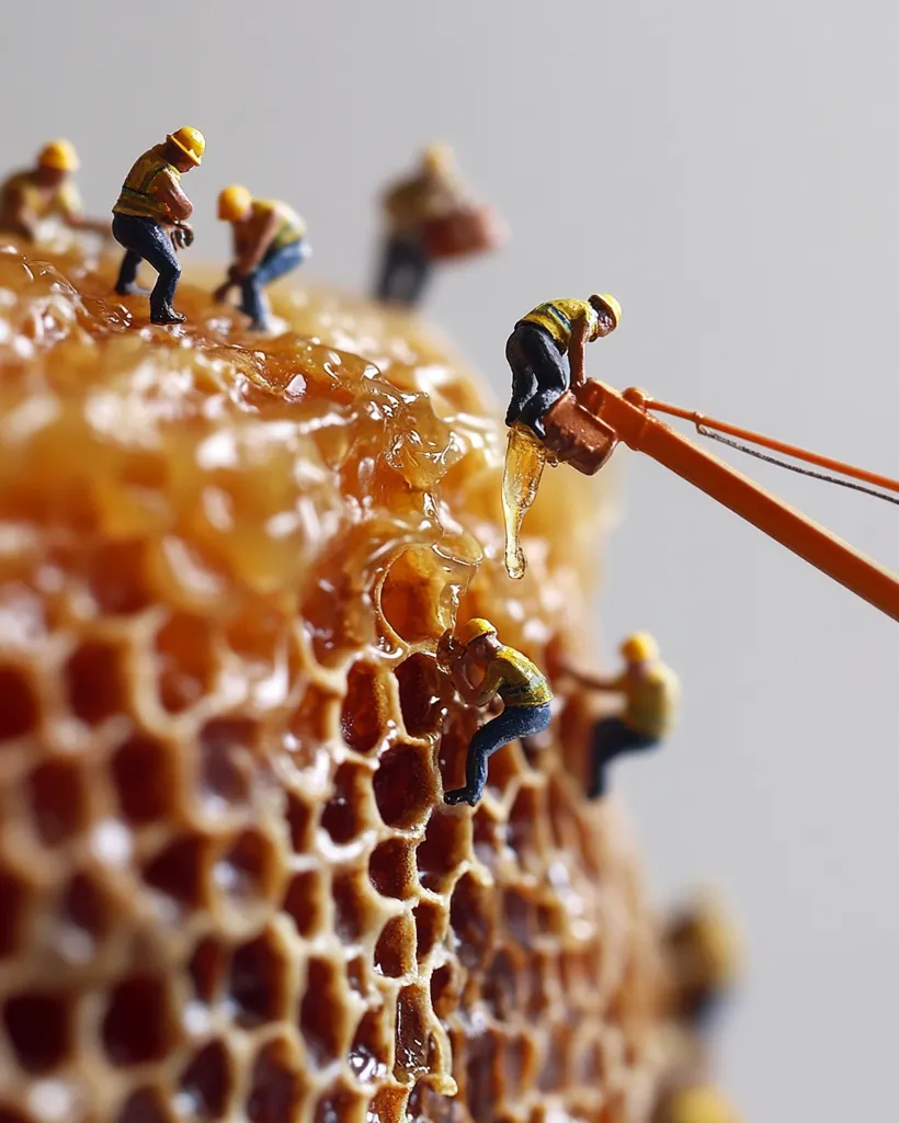 Miniature construction workers are seen harvesting honey from a honeycomb.  They use small tools and a miniature crane to extract the golden honey. The scene is a creative juxtaposition of human labor and natural processes, showcasing the intricate details of both the workers and the honeycomb structure.  The overall image is a whimsical and detailed miniature world.