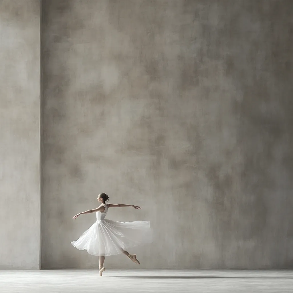 A ballerina, poised and graceful, stands in a spacious room with a textured grey wall as her backdrop.  She is dressed in a flowing white tutu and pointe shoes. Her arms are extended, suggesting a moment of elegant movement. The overall atmosphere is serene and emphasizes the dancer's beauty and the simplicity of the setting. The image is a study in contrast—the lightness of the dancer against the weighty texture of the wall.