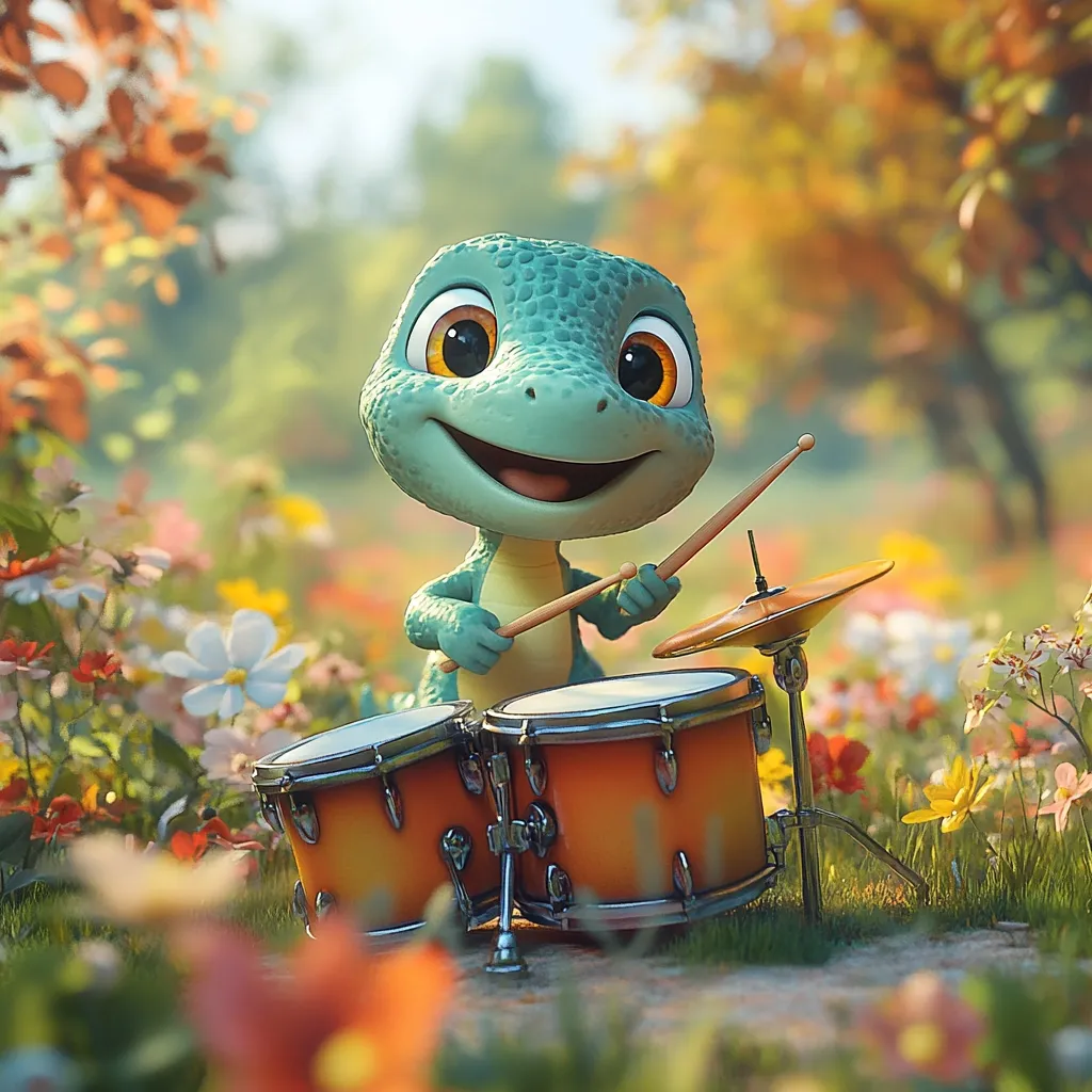 A charming, cartoon-like lizard sits happily behind a drum kit in a vibrant floral setting.  The lizard, with large, expressive eyes, holds drumsticks, ready to play.  Sunlight filters through the surrounding trees and flowers, creating a cheerful, whimsical scene. The overall style is digitally rendered, with a focus on cute and playful imagery.