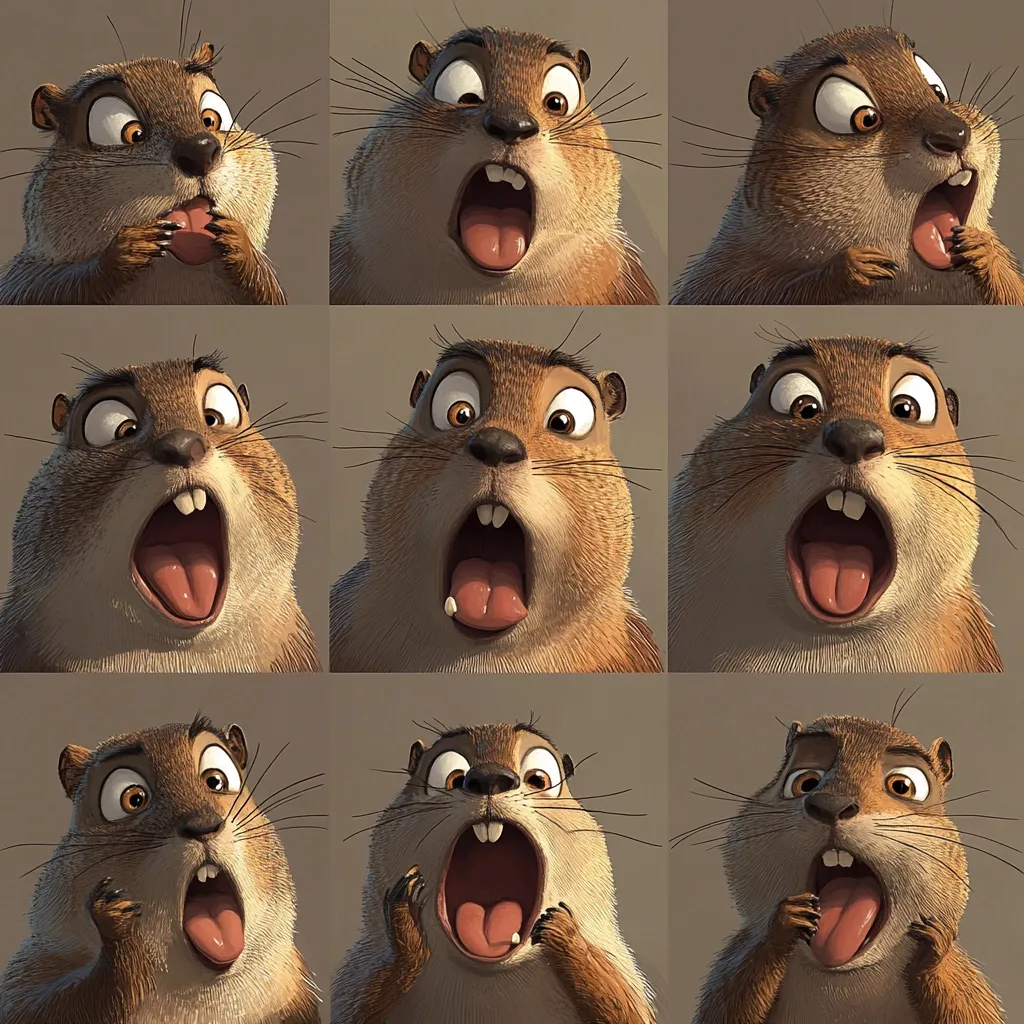 Nine close-up images showcase a chubby, animated squirrel exhibiting various expressions of surprise and shock.  Its wide eyes and open mouth convey a range of emotions, from startled to amazed. The furry texture and detailed rendering of the squirrel create a realistic yet cartoonish appearance.  The consistent background highlights the squirrel's expressive face.