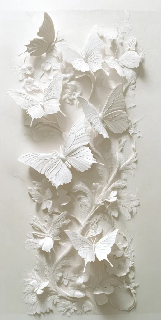An intricate paper relief sculpture depicts a profusion of white butterflies nestled amongst delicately rendered foliage.  The butterflies, varying in size and pose, are meticulously crafted with lifelike detail. The overall effect is one of serene elegance, showcasing the artist's skill in creating a three-dimensional floral and insect tableau in white.