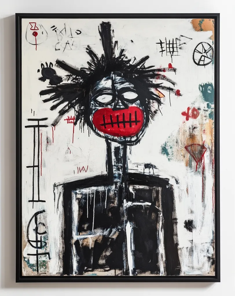 A Jean-Michel Basquiat painting features a stylized figure with a prominent red mouth and spiky black hair. The figure is rendered in black and white, contrasting with the red mouth and scattered markings across a white background.  The style is raw and expressive, characteristic of Basquiat's neo-expressionist work, with drips and scribbled symbols adding to the overall chaotic yet compelling composition. The painting is framed in black.