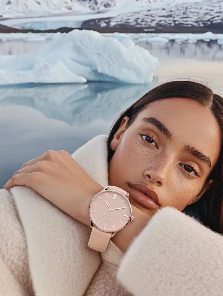 A woman with tanned skin and freckles wears a blush-pink watch with a rose gold face and band.  She's draped in a fluffy white coat, her arm resting across her body.  The backdrop is a serene glacial landscape with icy blue water and melting icebergs, creating a contrast between the warm tones of the watch and the cool, natural setting.