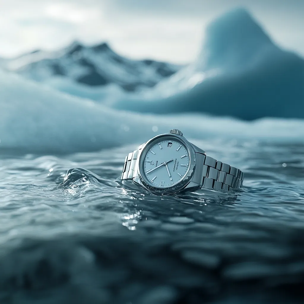 A silver wristwatch with a white face rests gently on the surface of icy blue water.  The background features a blurred landscape of snow-capped mountains and glacial ice, creating a serene and minimalist composition. The watch appears subtly submerged, emphasizing its connection to the cold, pristine environment.  The overall mood is calm and reflective.