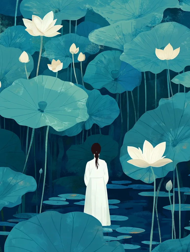 A woman in a flowing white robe stands amidst a serene pond of enormous lotus leaves.  The teal-hued water reflects the lush vegetation, creating a tranquil and dreamlike atmosphere.  Large lotus blossoms and buds punctuate the scene, their soft white petals contrasting with the deep greens and blues of the surroundings. The overall impression is one of peaceful contemplation within a mystical, natural setting.