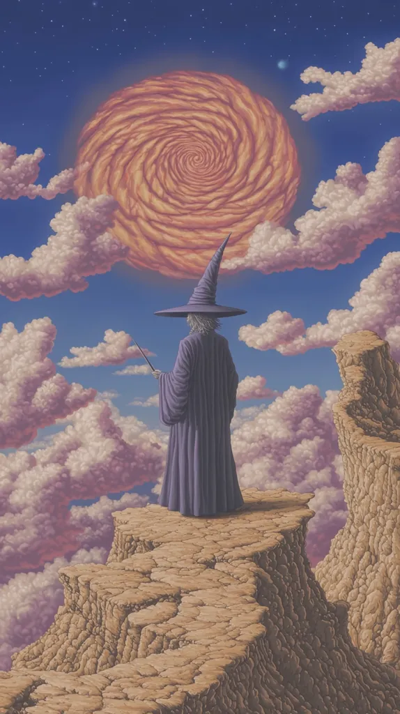 A wizard, cloaked in purple, stands on a rocky precipice overlooking a surreal landscape.  Above, a swirling, orange celestial body dominates the sky, reminiscent of a vortex.  Soft, pastel clouds fill the vast expanse, creating a dreamlike atmosphere. The wizard holds a staff, gazing intently at the cosmic wonder. The scene is highly stylized, with meticulous detail in the textures of the clouds, rocks, and the wizard's robe.