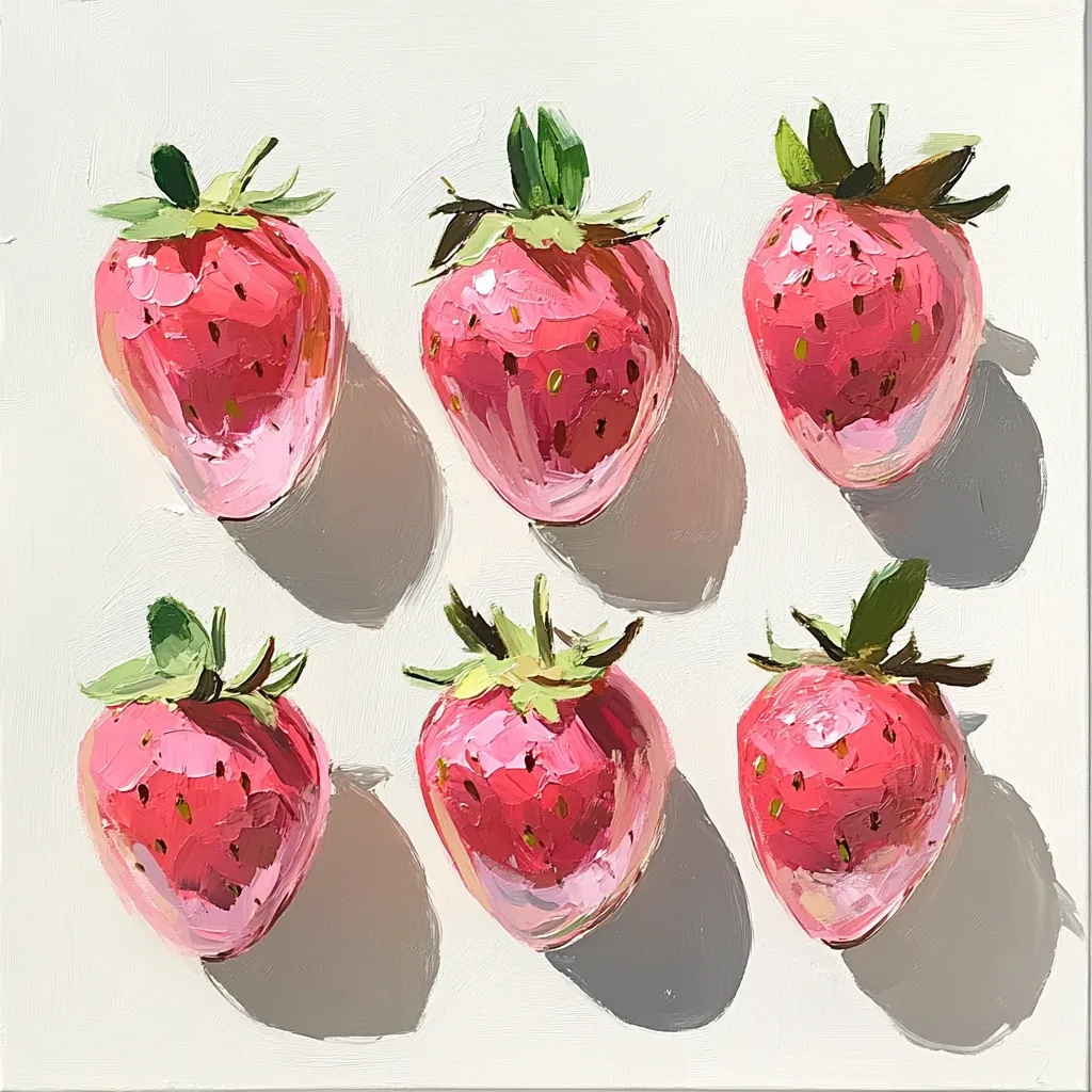 A vibrant painting showcases six juicy strawberries arranged on a white background.  Rendered in a loose, impasto style, the strawberries boast a rosy pink hue, with visible brushstrokes adding texture.  The green caps and subtle shadows cast by the fruit enhance the three-dimensional quality and lively composition.  The overall feel is bright, cheerful, and slightly impressionistic.