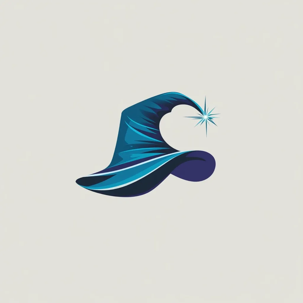 A stylized illustration of a wizard's hat in shades of blue.  The hat is depicted in a dynamic, slightly abstract style, with a pointed crown and wide brim. A sparkling star sits atop the hat, adding a touch of magical flair. The overall design is clean and modern, suggesting enchantment and mystery.